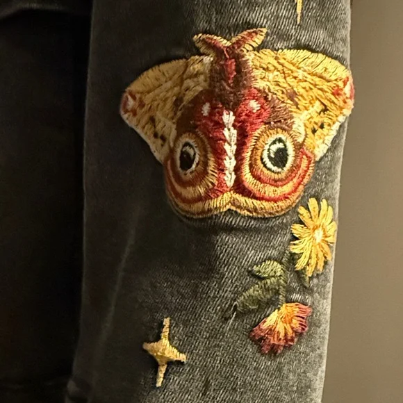 DRIFTWOOD / Free People Black Denim Embroidered Blazer with Mushroom sz L NWT - Picture 6 of 8